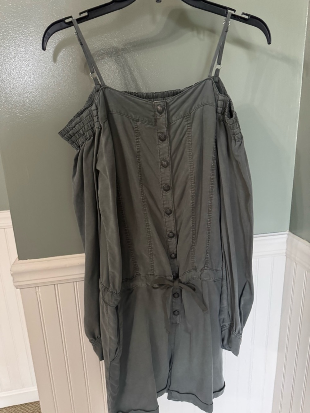 The Kooples Olive Green Cold-Shoulder Button-Front Tunic Romper
